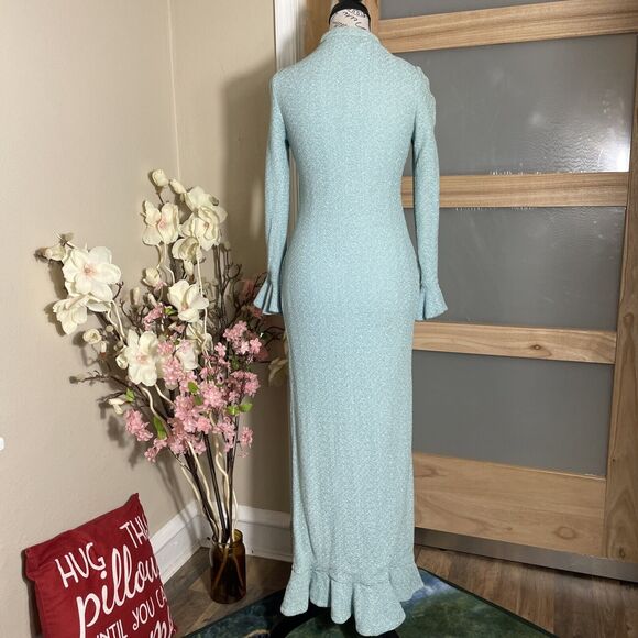 Mollie Parnis Women Evening Dress 1970s Vintage Gown Blue Long Sleeve Button Up - Picture 2 of 12
